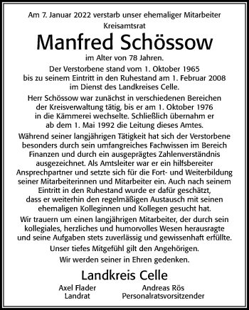 Traueranzeige von Manfred Schössow von Cellesche Zeitung