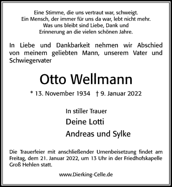 Traueranzeige von Otto Wellmann von Cellesche Zeitung