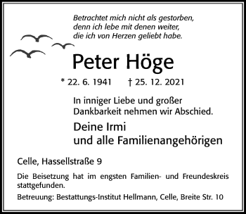 Traueranzeige von Peter Höge von Cellesche Zeitung