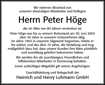 Traueranzeige von Peter Höge von Cellesche Zeitung