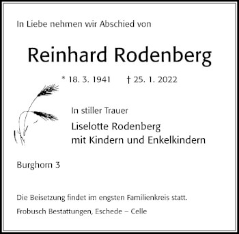 Traueranzeige von Reinhard Rodenberg von Cellesche Zeitung