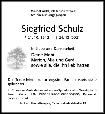 Traueranzeige von Siegfried Schulz von Cellesche Zeitung
