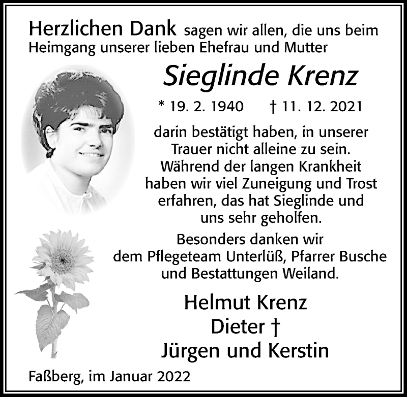  Traueranzeige für Sieglinde Krenz vom 22.01.2022 aus Cellesche Zeitung