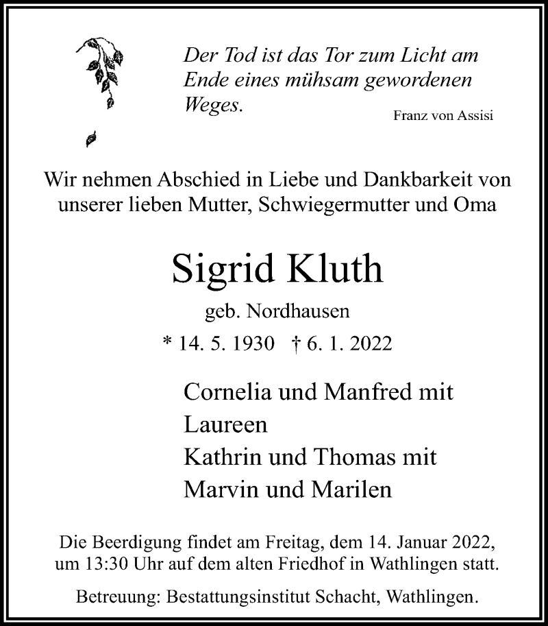  Traueranzeige für Sigrid Kluth vom 11.01.2022 aus Cellesche Zeitung