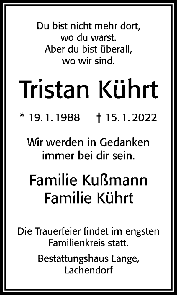  Traueranzeige für Tristan Kührt vom 21.01.2022 aus Cellesche Zeitung