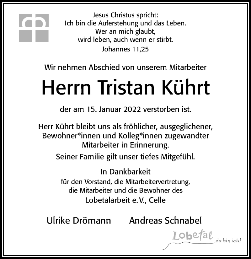  Traueranzeige für Tristan Kührt vom 22.01.2022 aus Cellesche Zeitung