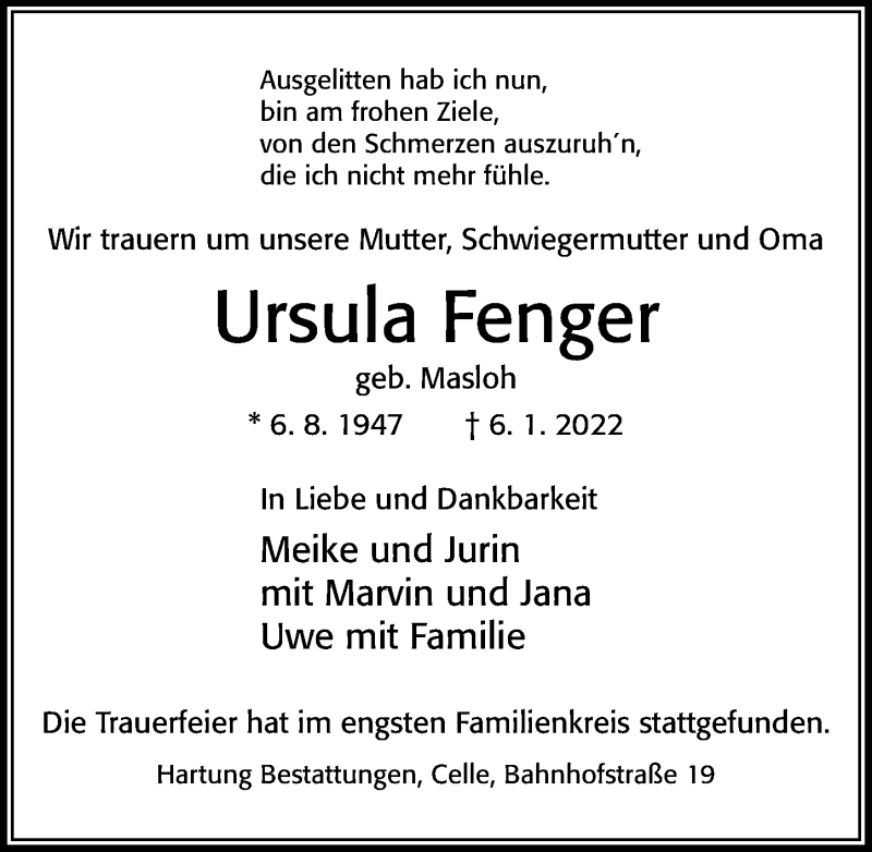  Traueranzeige für Ursula Fenger vom 13.01.2022 aus Cellesche Zeitung