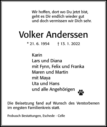 Traueranzeige von Volker Anderssen von Cellesche Zeitung