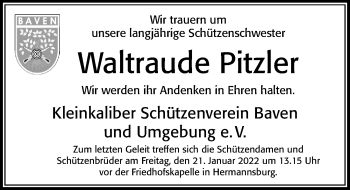 Traueranzeige von Waltraude Pitzler von Cellesche Zeitung