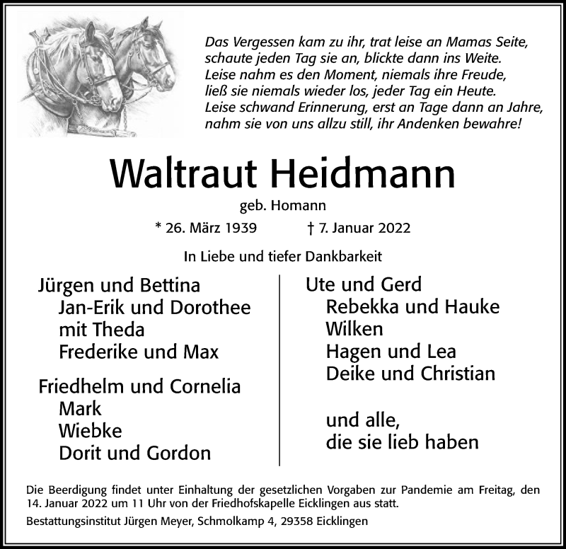  Traueranzeige für Waltraut Heidmann vom 11.01.2022 aus Cellesche Zeitung