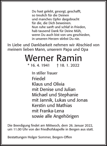 Traueranzeige von Werner Ramin von Cellesche Zeitung