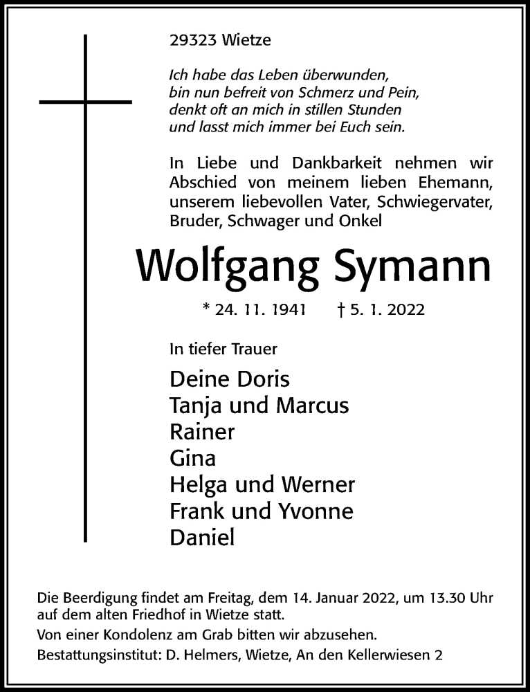  Traueranzeige für Wolfgang Symann vom 08.01.2022 aus Cellesche Zeitung