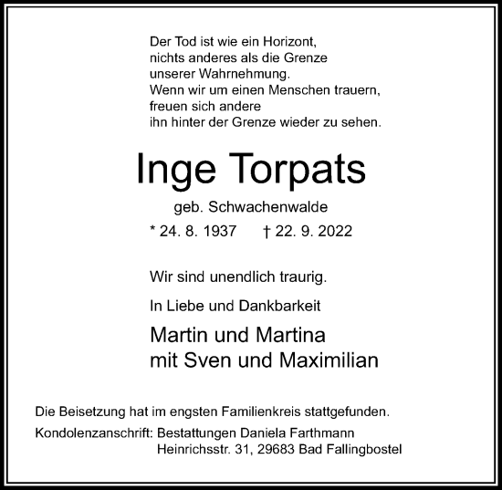 Traueranzeige von Inge Torpats von CELLESCHE ZEITUNG