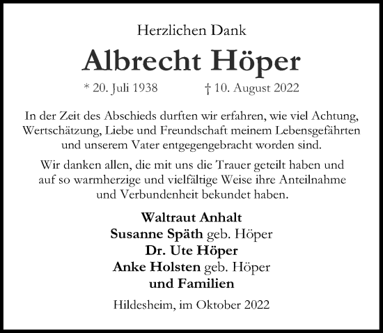 Traueranzeige von Albrecht Höper von Cellesche Zeitung