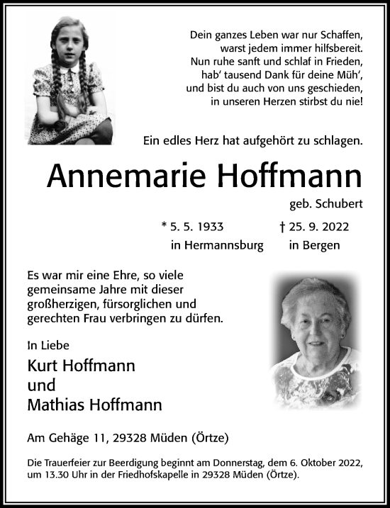 Traueranzeige von Annemarie Hoffmann von Cellesche Zeitung