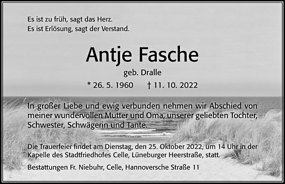  Traueranzeige für Antje Fasche vom 22.10.2022 aus Cellesche Zeitung