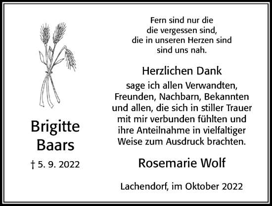 Traueranzeige von Brigitte Baars von Cellesche Zeitung