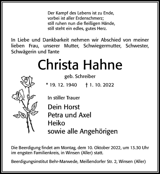 Traueranzeige von Christa Hahne von Cellesche Zeitung