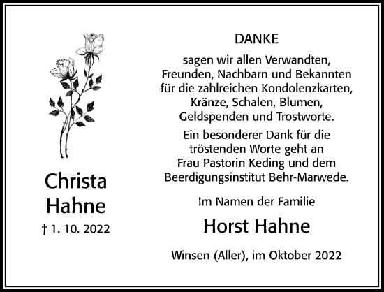 Traueranzeige von Christa Hahne von Cellesche Zeitung
