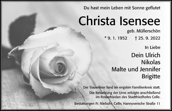 Traueranzeige von Christa Isensee von Cellesche Zeitung