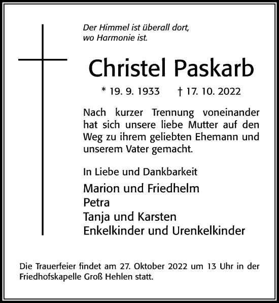 Traueranzeige von Christel Paskarb von Cellesche Zeitung