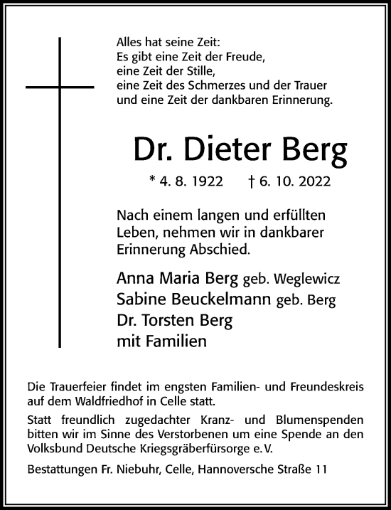 Traueranzeige von Dieter Berg von Cellesche Zeitung