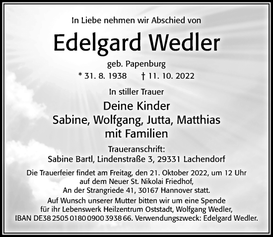 Traueranzeige von Edelgard Wedler von Cellesche Zeitung
