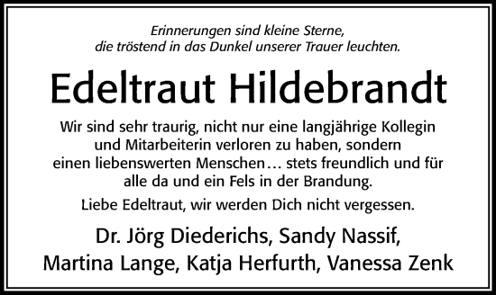 Traueranzeige von Edeltraut Hildebrandt von Cellesche Zeitung
