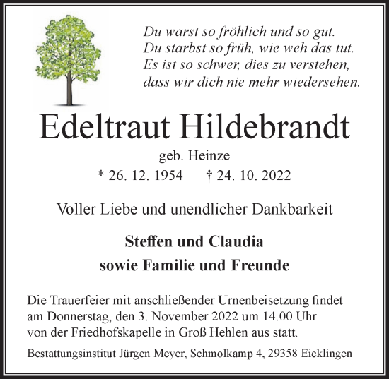 Traueranzeige von Edeltraut Hildebrandt von Cellesche Zeitung