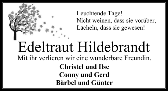 Traueranzeige von Edeltraut Hildebrandt von Cellesche Zeitung