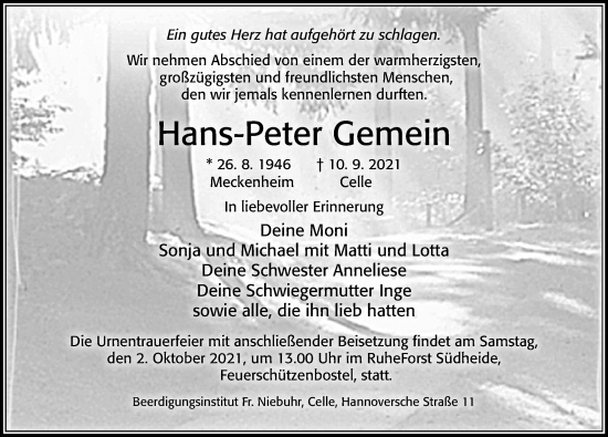 Traueranzeige von Hans-Peter Gemein von Cellesche Zeitung
