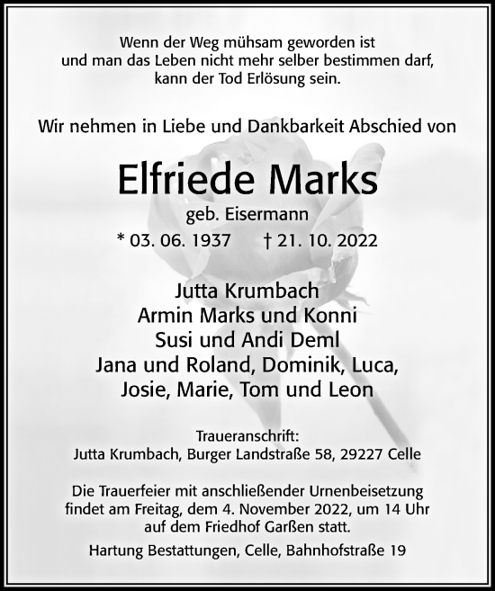 Traueranzeige von Elfriede Marks von Cellesche Zeitung