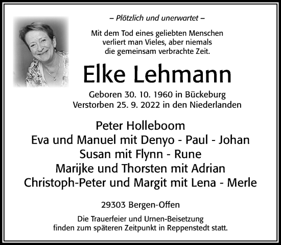 Traueranzeige von Elke Lehmann von Cellesche Zeitung