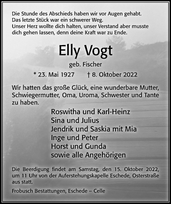 Traueranzeige von Elly Vogt von Cellesche Zeitung