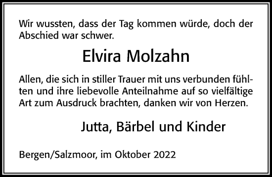 Traueranzeige von Elvira Molzahn von Cellesche Zeitung