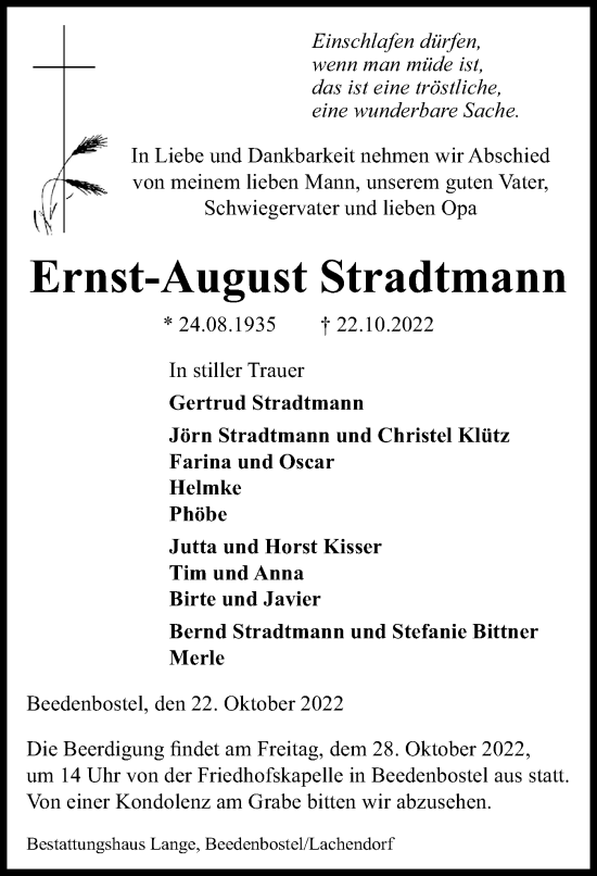 Traueranzeige von Ernst-August Stradtmann von Cellesche Zeitung