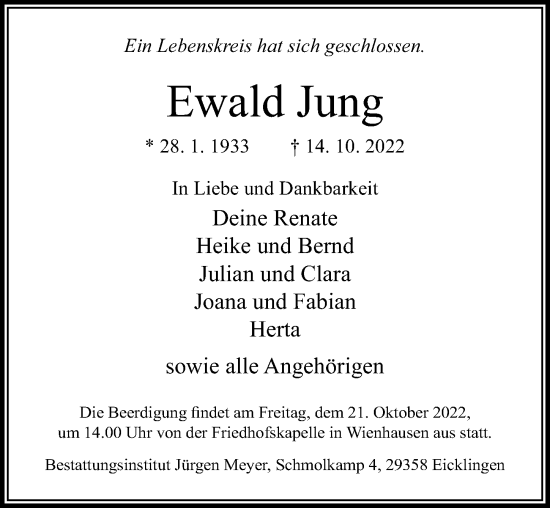 Traueranzeige von Ewald Jung von Cellesche Zeitung