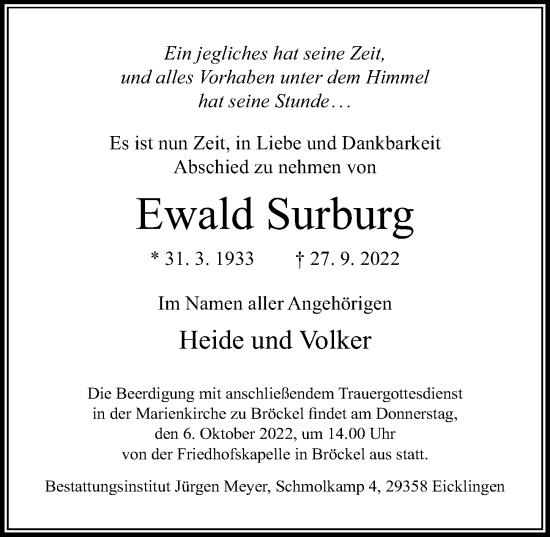 Traueranzeige von Ewald Surburg von Cellesche Zeitung