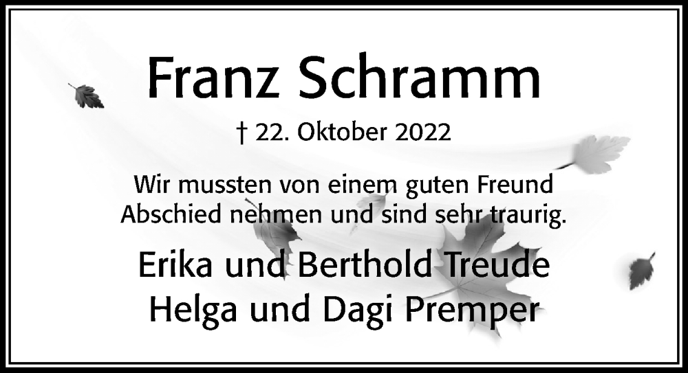  Traueranzeige für Franz Schramm vom 29.10.2022 aus Cellesche Zeitung