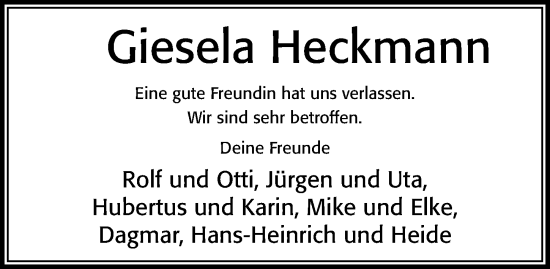 Traueranzeige von Giesela Heckmann von Cellesche Zeitung
