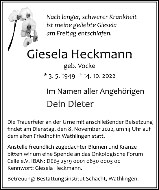 Traueranzeige von Giesela Heckmann von Cellesche Zeitung