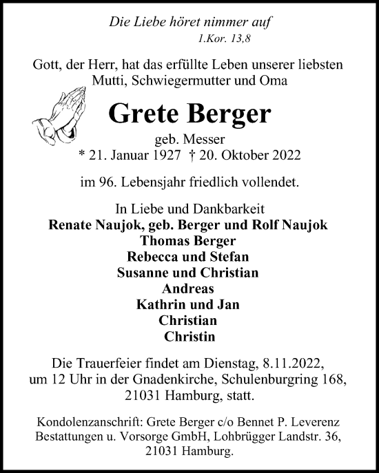 Traueranzeige von Grete Berger von Cellesche Zeitung