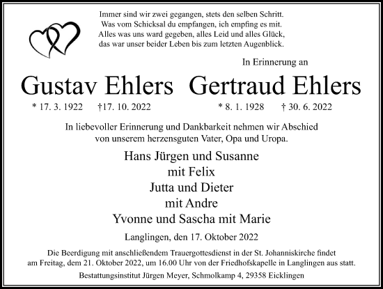 Traueranzeige von Gustav Ehlers von Cellesche Zeitung