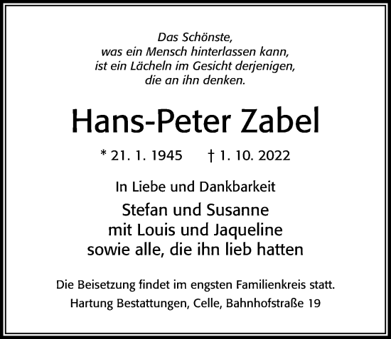 Traueranzeige von Hans-Peter Zabel von Cellesche Zeitung