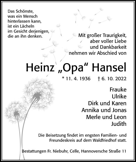 Traueranzeige von Heinz  Hansel von Cellesche Zeitung