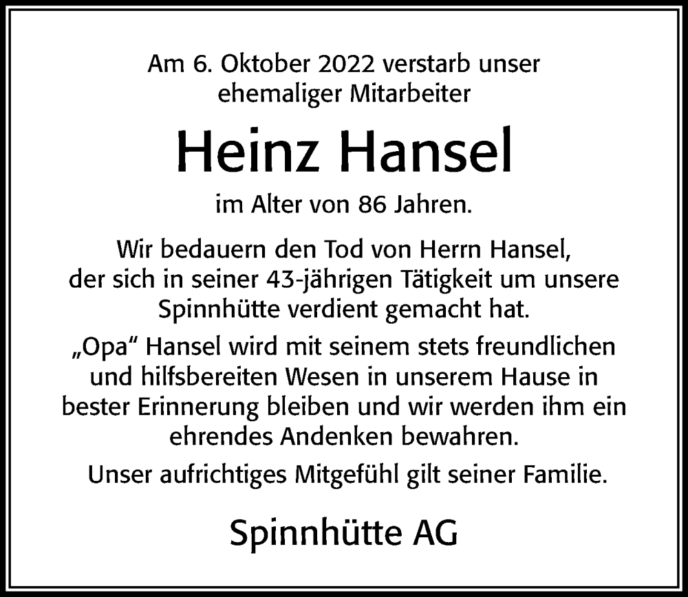  Traueranzeige für Heinz  Hansel vom 22.10.2022 aus Cellesche Zeitung
