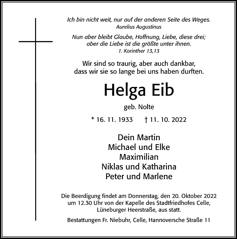  Traueranzeige für Helga Eib vom 15.10.2022 aus Cellesche Zeitung