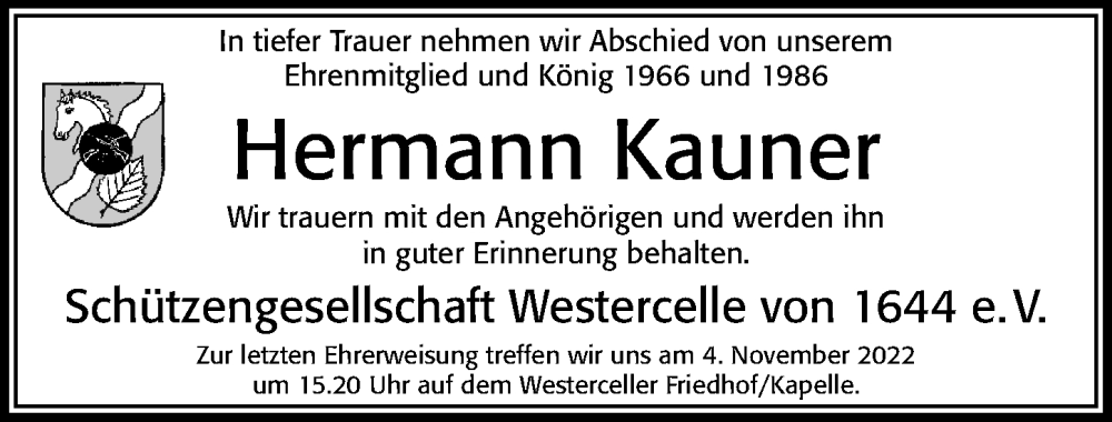  Traueranzeige für Hermann Kauner vom 25.10.2022 aus Cellesche Zeitung