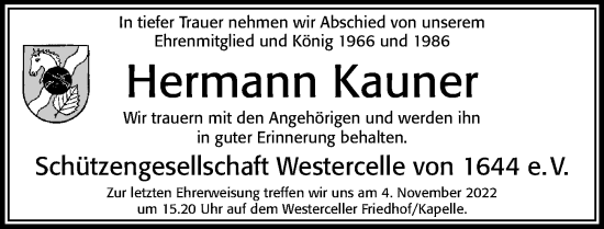 Traueranzeige von Hermann Kauner von Cellesche Zeitung