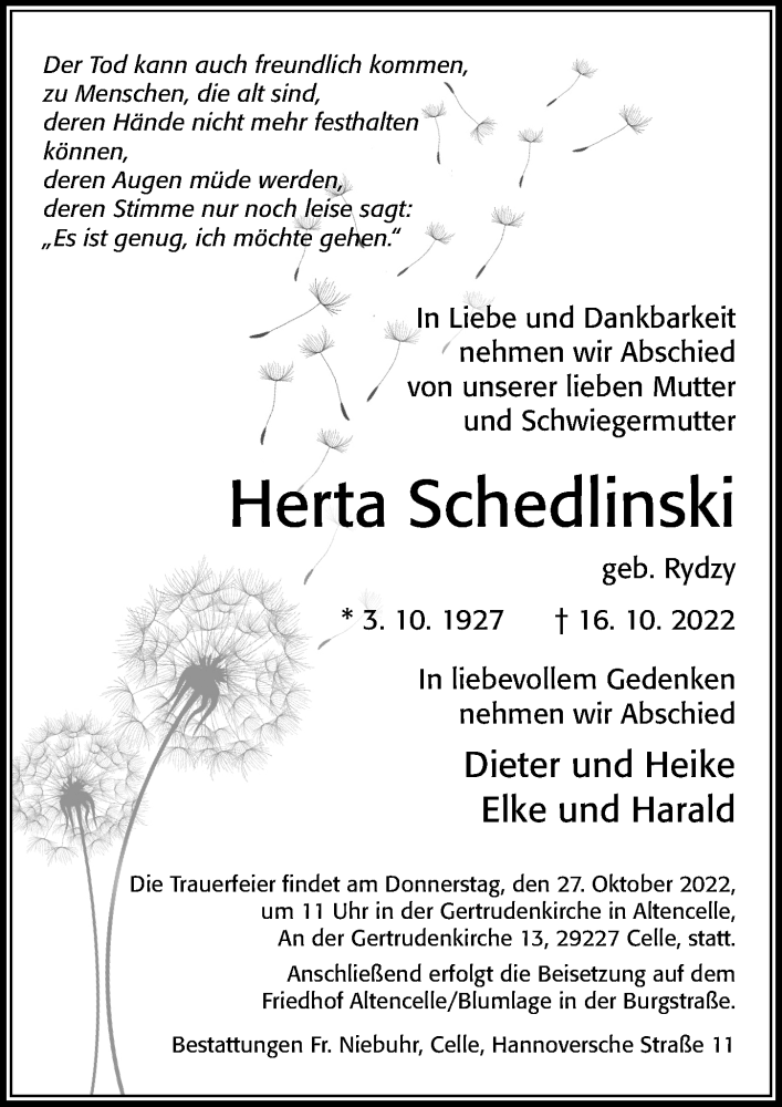  Traueranzeige für Herta Schedlinski vom 22.10.2022 aus Cellesche Zeitung